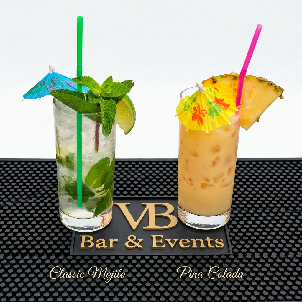 Classic Mojito and Pina Colada on branded Velvet Bar & Events bar mat